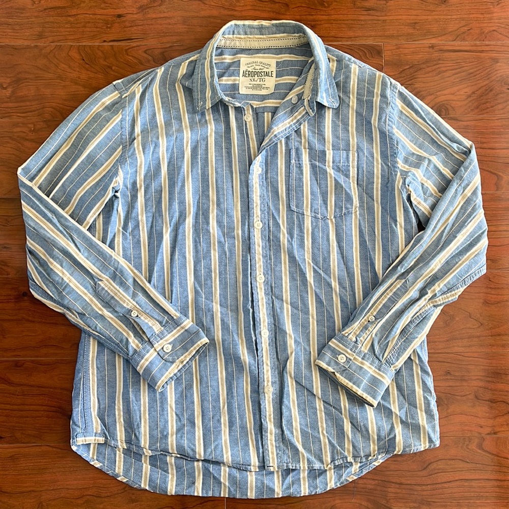 Aeropostale Men's Blue and Tan Long Sleeve Button Down Dress Shirt